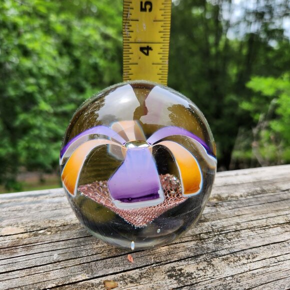 Vintage Handblown Glass Paperweight With Purple & Amber Swirls Copper Mesh Cente - Picture 3 of 10